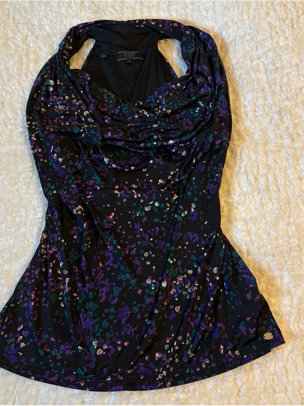 Guess Black Cowl Neck Sleeveless Top with Purple & Teal Spot Print